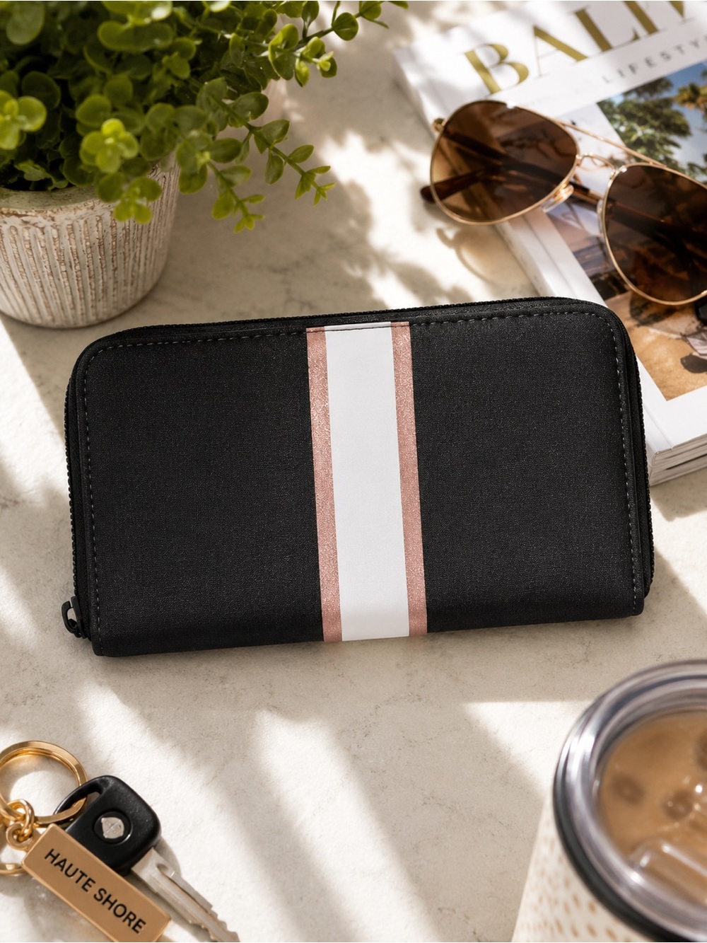HAUTE SHORE Cash Bravo Wallet Black White Rose Gold Stripe Neoprene Zip Around